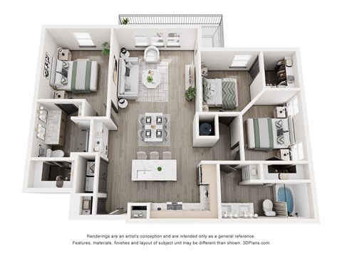 A 3D floor plan of a small apartment with a kitchen, living room, and two bedrooms.